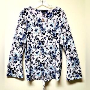 Ellen Tracy Blue and White Long Sleeve Tie Front Blouse Ellen Women’s XL